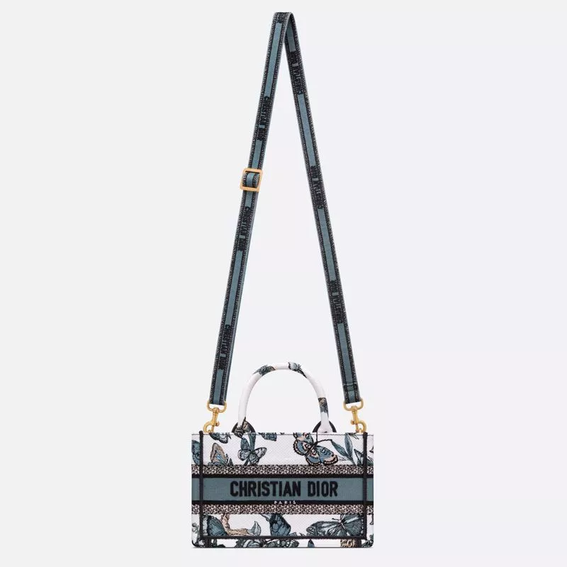 Dior Factory Outlet Mini Dior Book Tote with Strap Toile de Jouy Mexico Motif Canvas White Blue 0113