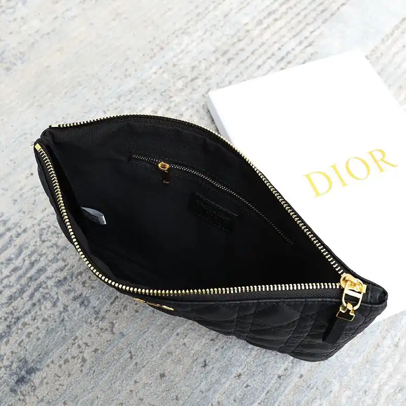 Cheap Dior Bag Dior Zipped Pouch Cannage Topstitching Calfskin Black 0126