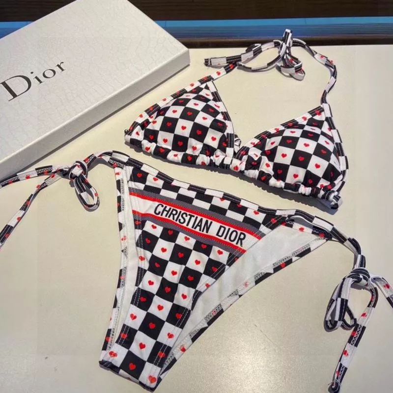 Dior Outlet Christian Dior Bikini Women Dioramour D-Chess Heart Motif Lycra Black White 0114