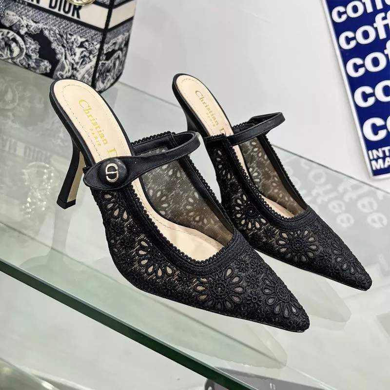 Dior Factory Outlet Dior Capture Heeled Mules Women Saint-Gall Floral Motif Transparent Mesh Black 0116