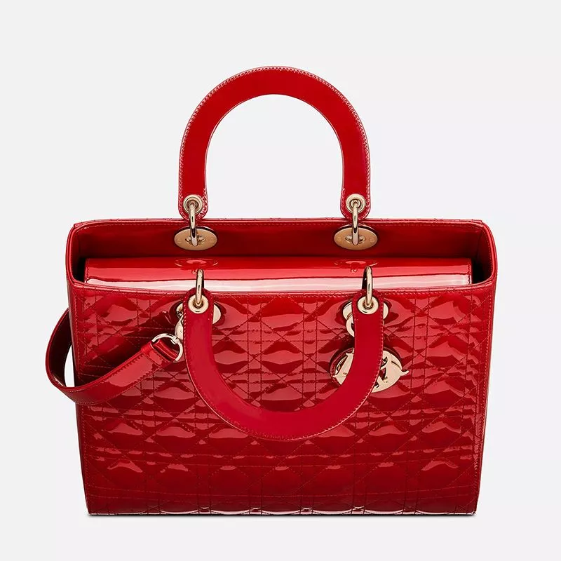 Dior Factory Outlet Large Lady Dior Bag Patent Cannage Calfskin Red Gold 0113