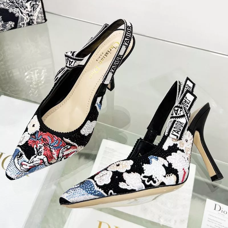 Dior Factory Outlet J'Adior Slingback Pumps Women Toile de Jouy Pop Motif Canvas with Beads and Strass Black 0118