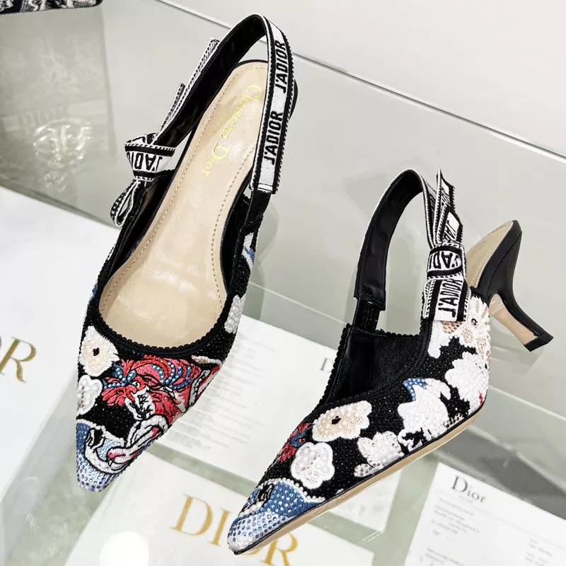 Dior Factory Outlet J'Adior Slingback Pumps Women Toile de Jouy Pop Motif Canvas with Beads and Strass Black 0118