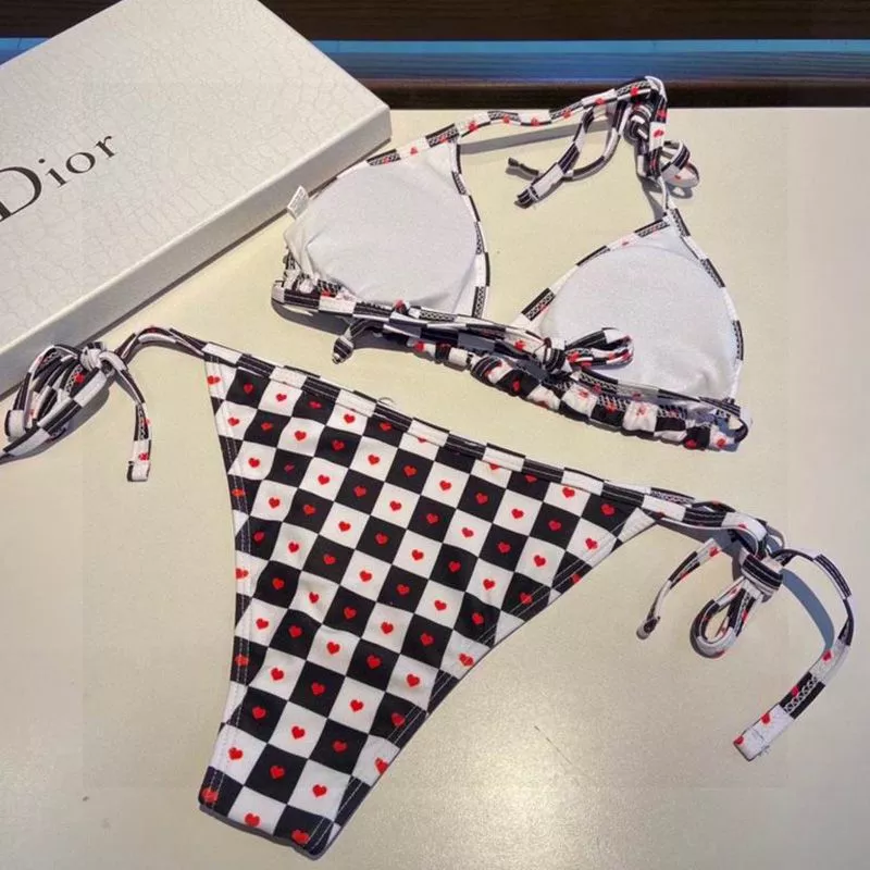 Dior Outlet Christian Dior Bikini Women Dioramour D-Chess Heart Motif Lycra Black White 0114