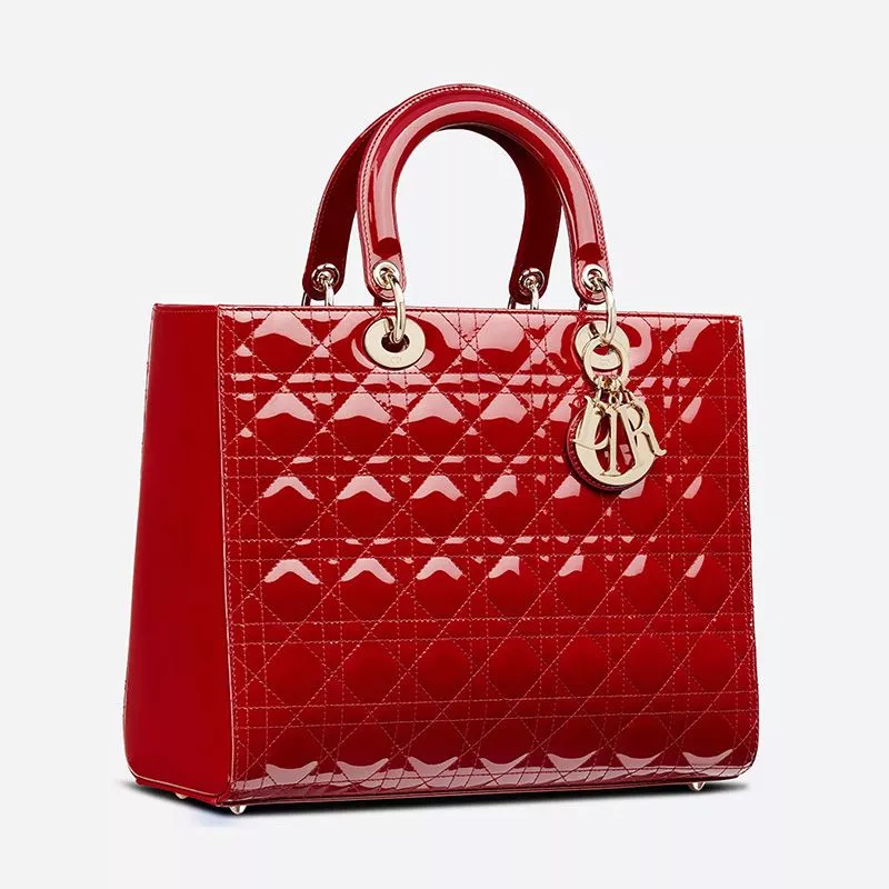 Dior Factory Outlet Large Lady Dior Bag Patent Cannage Calfskin Red Gold 0113