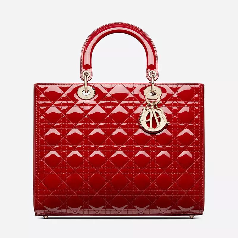 Large Lady Dior Bag Patent Cannage Calfskin Red Gold 0113