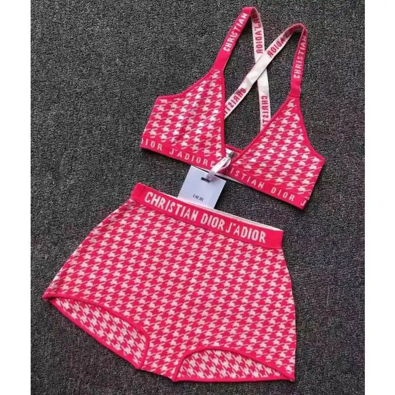 Dior Outlet Christian Dior J'Adior High Waisted Crisscross Bikini Women Houndstooth Motif Lycra Pink 0205