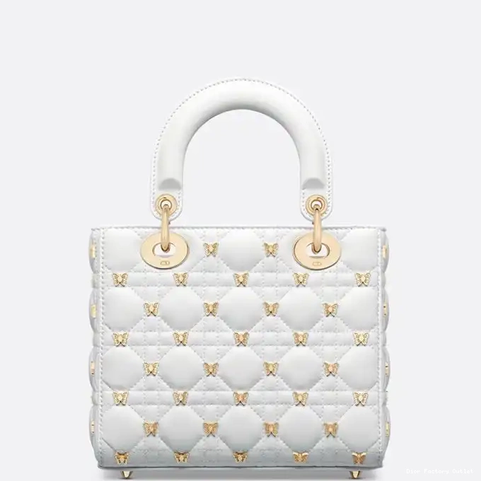 Dior Factory Outlet Butterfly Bag Small Studs Lady Dior White Lambskin with Cannage 0225