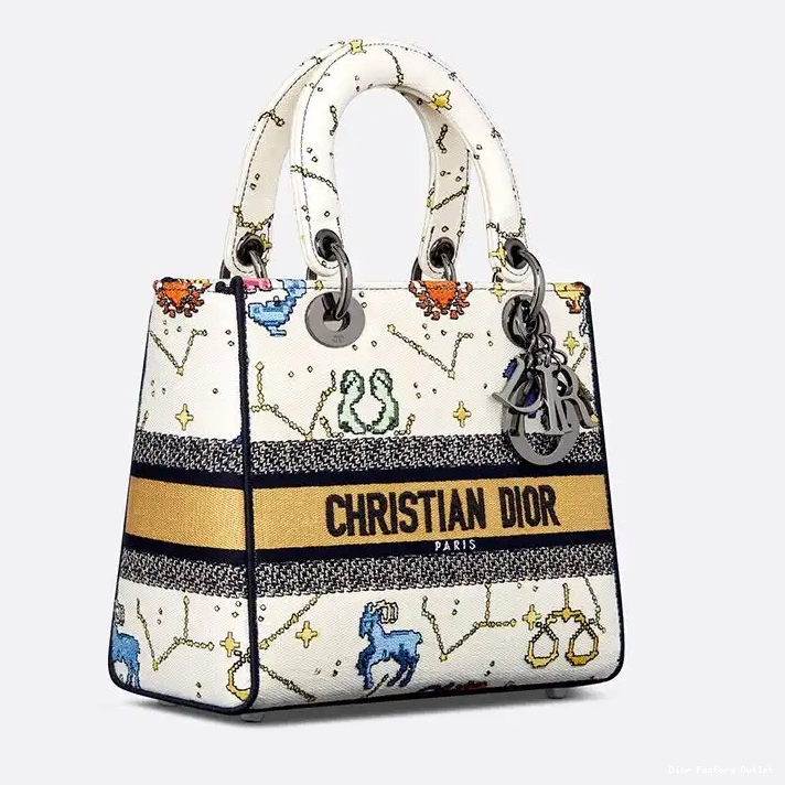 Dior Outlet Motif Zodiac D-lite Lady Medium Pixel Canvas Bag White 0219