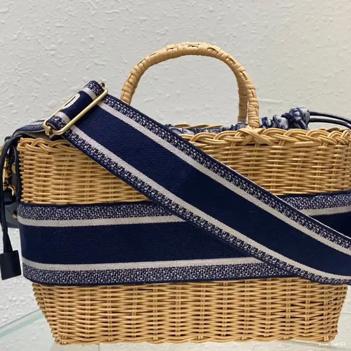 Dior Factory Outlet Dior Wicker Canvas and Blue Basket Motif Bag Oblique 0208