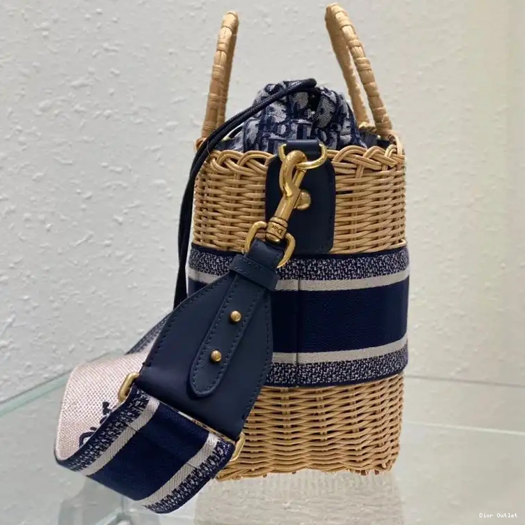 Dior Factory Outlet Dior Wicker Canvas and Blue Basket Motif Bag Oblique 0208