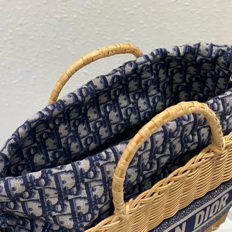 Dior Factory Outlet Dior Wicker Canvas and Blue Basket Motif Bag Oblique 0208