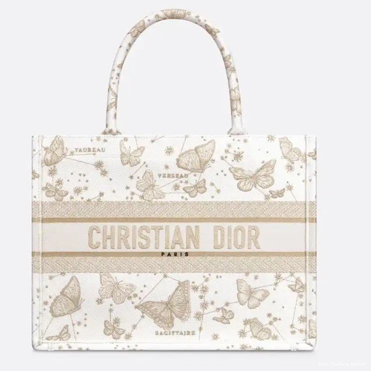 Dior Factory Outlet Motif Book Zodiac Canvas White Tote Butterfly Gold Dior 0216