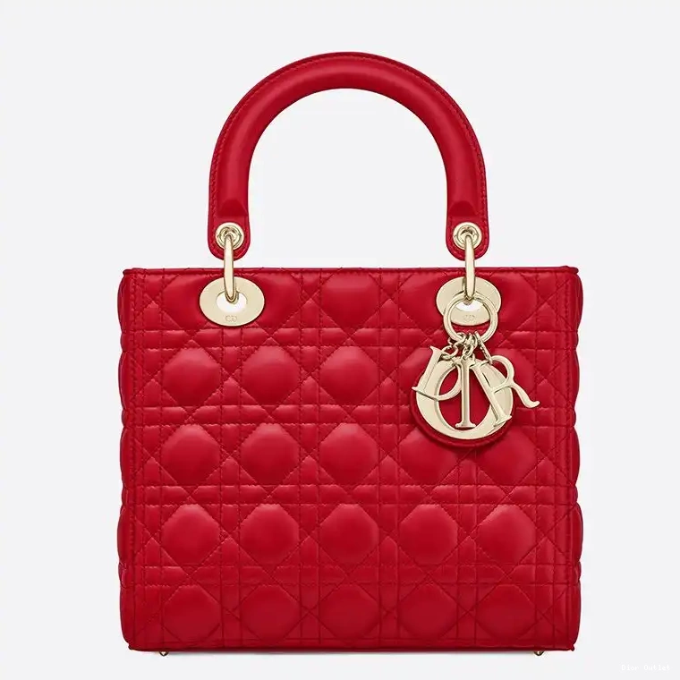 Dior Outlet Dior Medium Lady Bag Gold Lambskin Red Cannage 0226