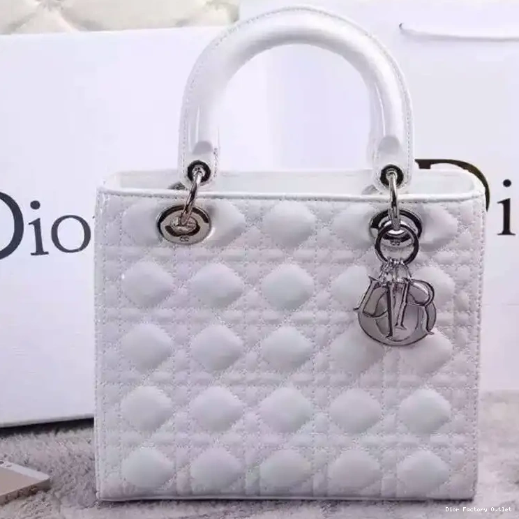 Dior Factory Outlet Lady Calfskin Cannage Silver Patent Bag Medium White Dior 0223