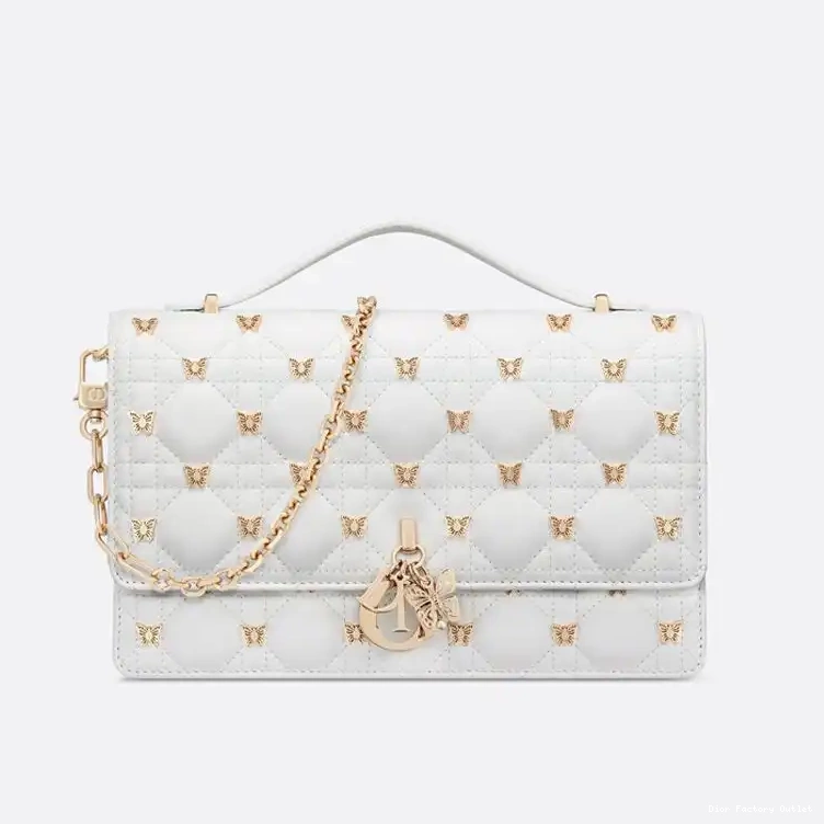 Dior Factory Outlet White Top Handle Dior Bag with Miss Lambskin Butterfly Studs Cannage 0210