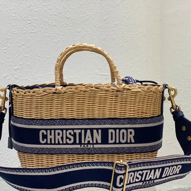 Dior Factory Outlet Dior Wicker Canvas and Blue Basket Motif Bag Oblique 0208