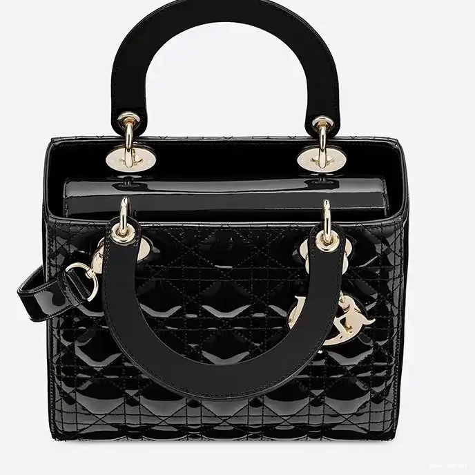 Dior Outlet Patent Dior Calfskin Black Cannage Bag Gold Lady Medium 0224