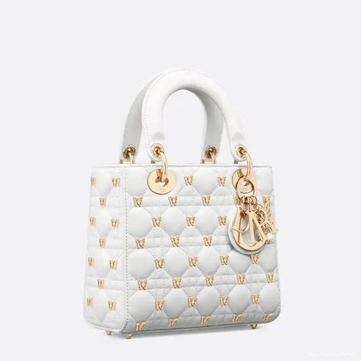 Dior Factory Outlet Butterfly Bag Small Studs Lady Dior White Lambskin with Cannage 0225