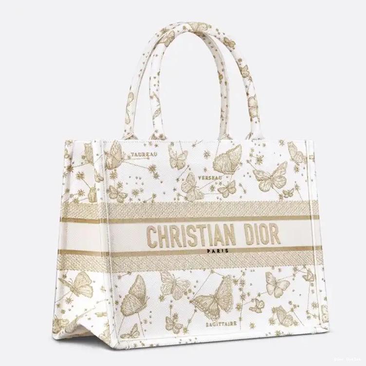 Dior Factory Outlet Gold Dior Motif White Tote Zodiac Butterfly Book Canvas 0226