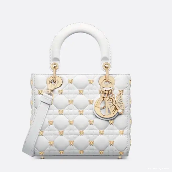 Dior Factory Outlet Butterfly Bag Small Studs Lady Dior White Lambskin with Cannage 0225