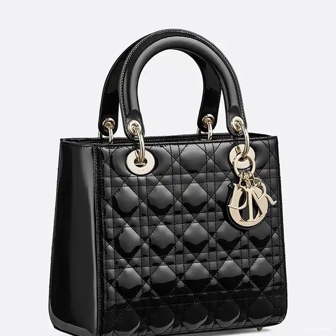 Dior Factory Outlet Lady Dior Cannage Patent Medium Calfskin Black Bag Gold 0226