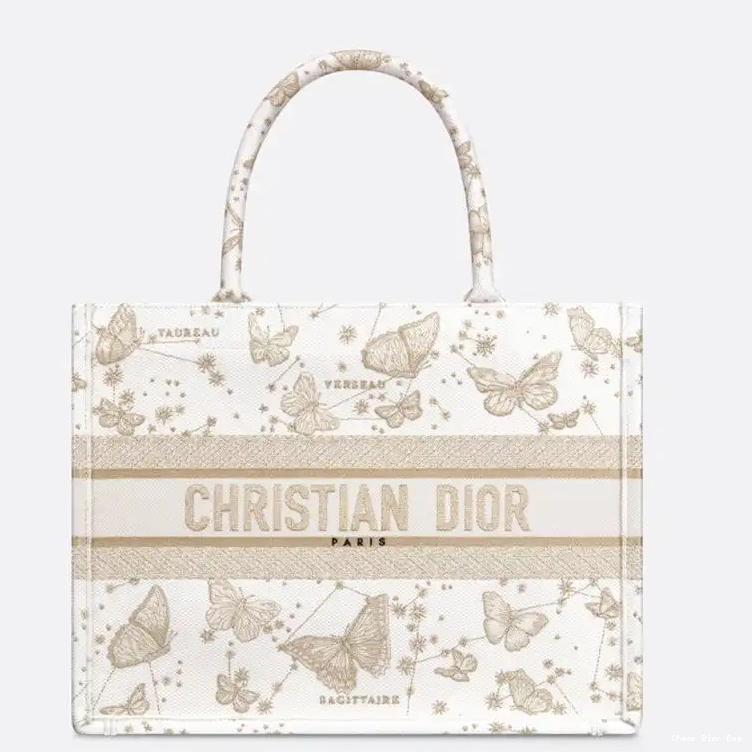 Cheap Dior Bag Tote White Zodiac Dior Motif Canvas Butterfly Book Gold 0210