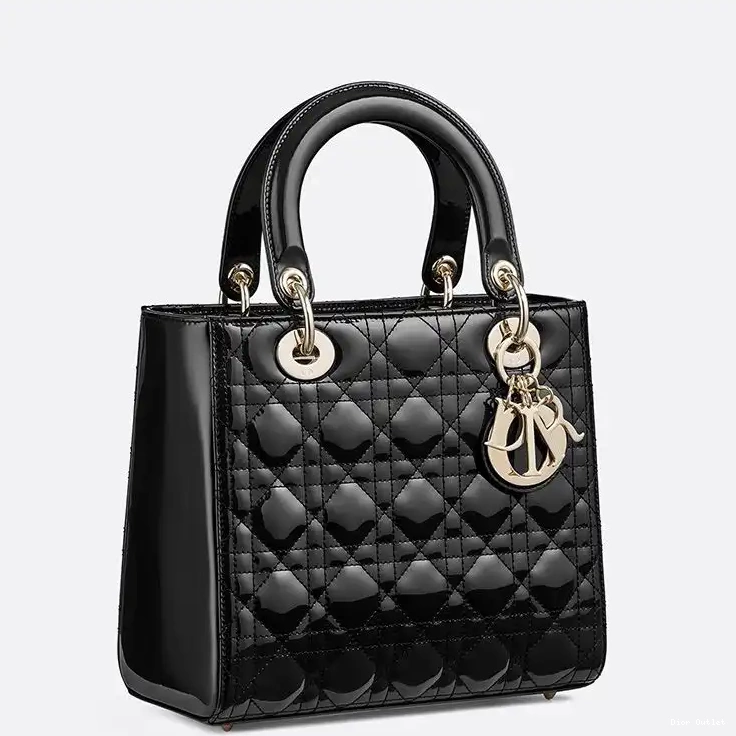 Dior Outlet Patent Dior Calfskin Black Cannage Bag Gold Lady Medium 0224