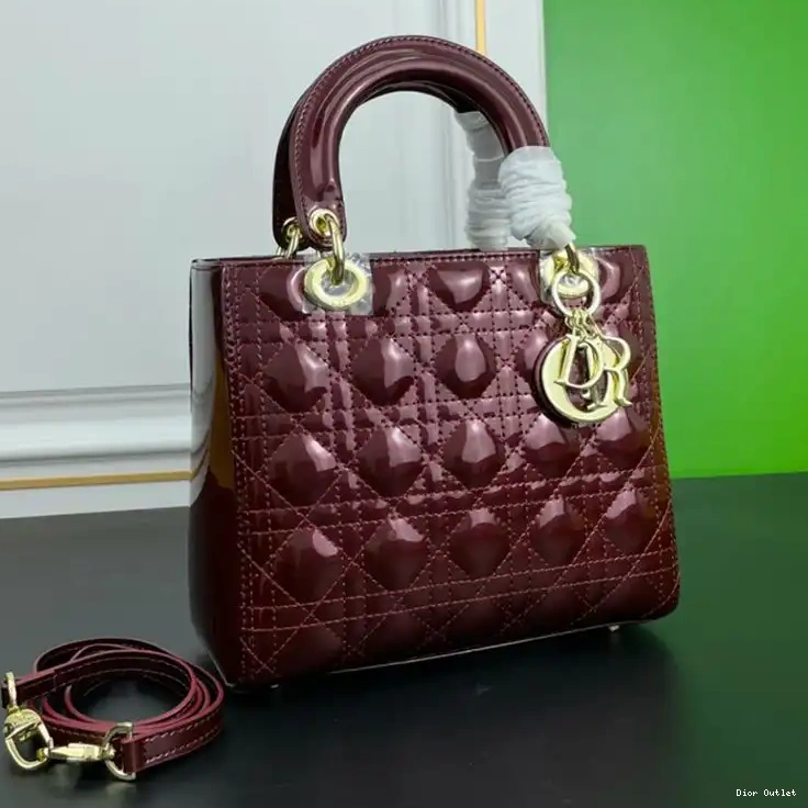 Dior Factory Outlet Calfskin Lady Dior Patent Bag Medium Gold Cannage Burgundy 0208