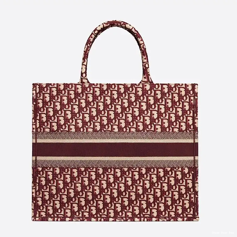 Dior Factory Outlet Dior Book Canvas Tote Oblique Motif Burgundy 0210