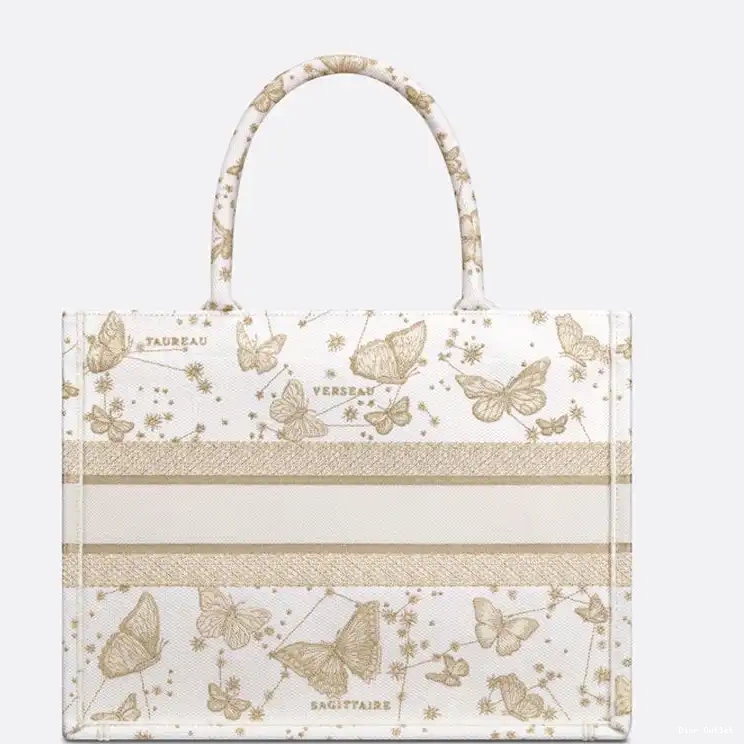 Dior Factory Outlet Gold Dior Motif White Tote Zodiac Butterfly Book Canvas 0226