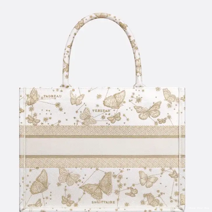 Cheap Dior Bag Tote White Zodiac Dior Motif Canvas Butterfly Book Gold 0210