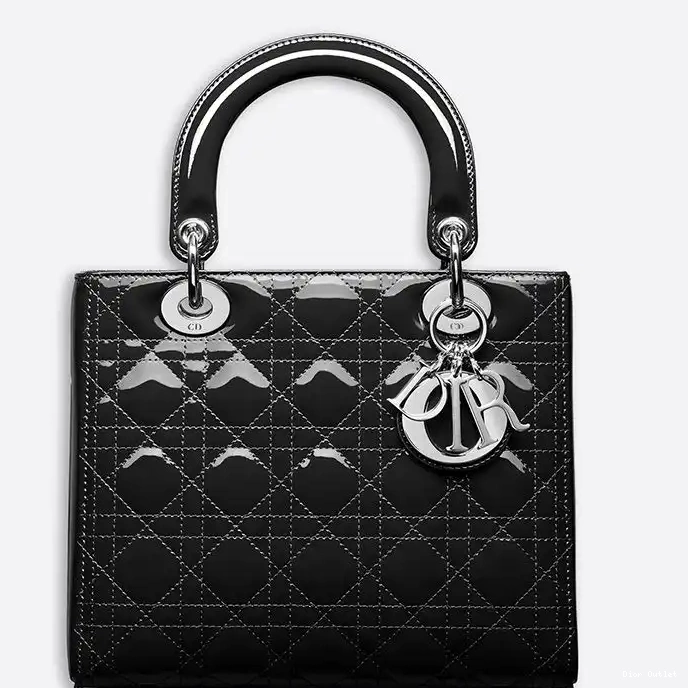 Cheap Dior Bag Black Lady Dior Silver Bag Patent Medium Calfskin Cannage 0220