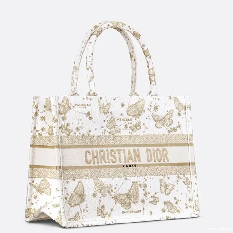 Cheap Dior Bag Tote White Zodiac Dior Motif Canvas Butterfly Book Gold 0210