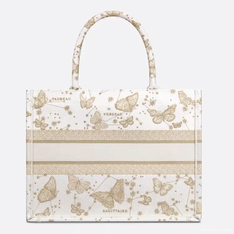 Dior Factory Outlet Motif Book Zodiac Canvas White Tote Butterfly Gold Dior 0216