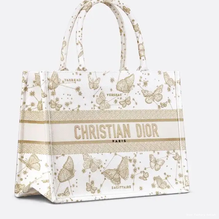 Dior Factory Outlet Motif Book Zodiac Canvas White Tote Butterfly Gold Dior 0216