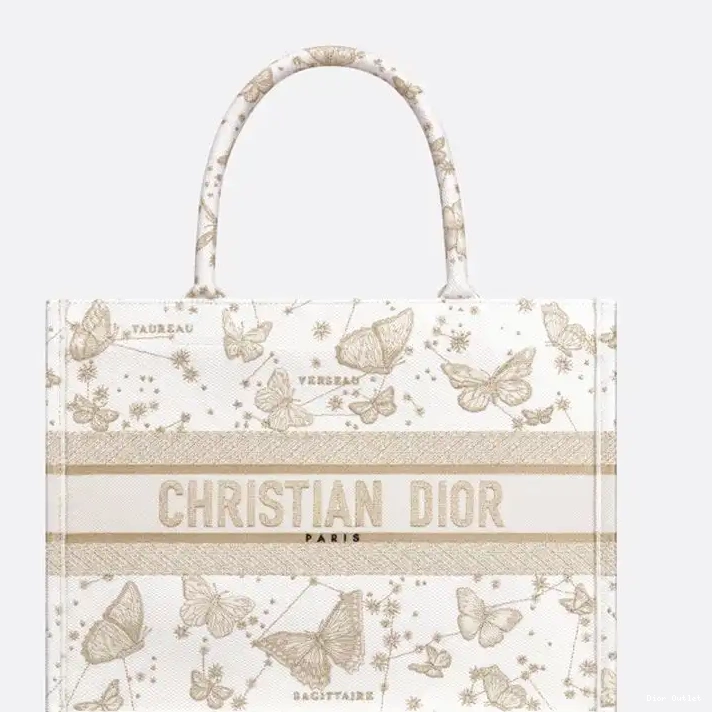 Dior Factory Outlet Gold Dior Motif White Tote Zodiac Butterfly Book Canvas 0226