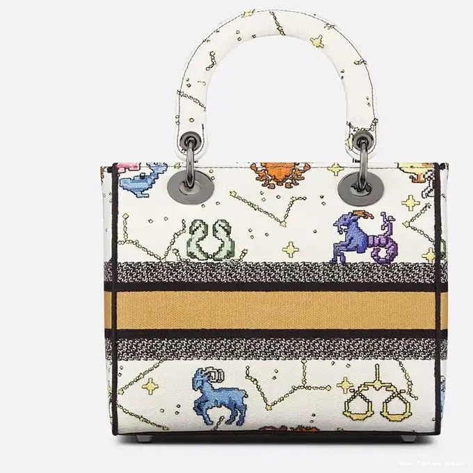 Dior Outlet Motif Zodiac D-lite Lady Medium Pixel Canvas Bag White 0219