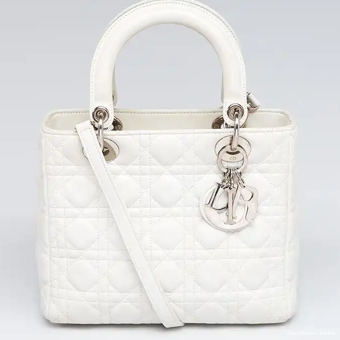 Dior Outlet Dior Lambskin Silver Cannage Medium White Lady Bag 0219