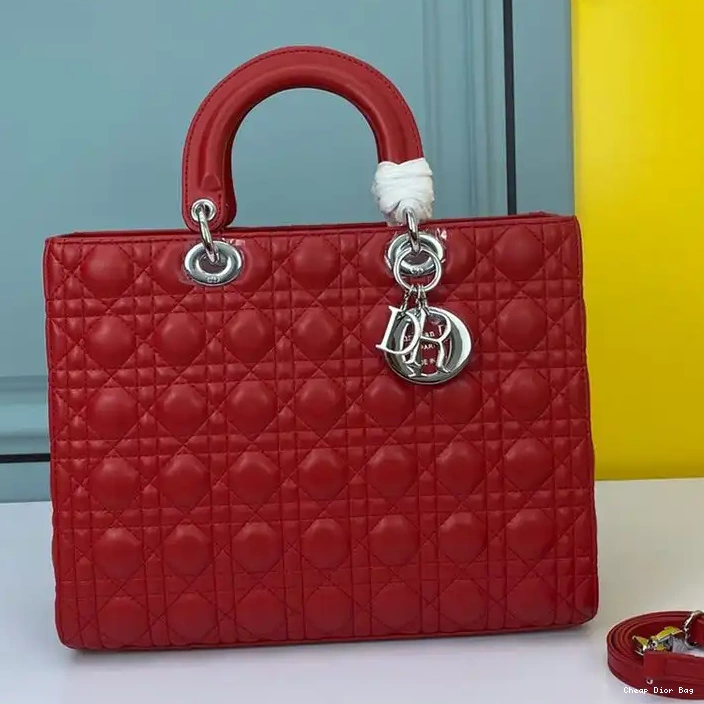 Cheap Dior Bag Dior Lambskin Bag Lady Large Cannage Silver Red 0212