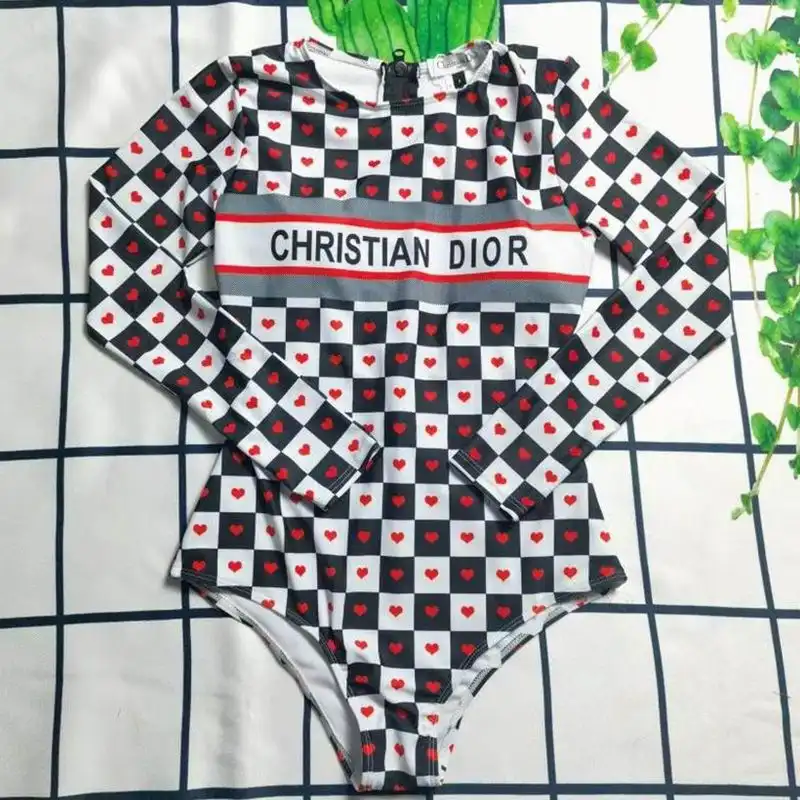 Dior Outlet Christian Dior Bodysuit Women Dioramour D-Chess Heart Motif Lycra Black White 0205