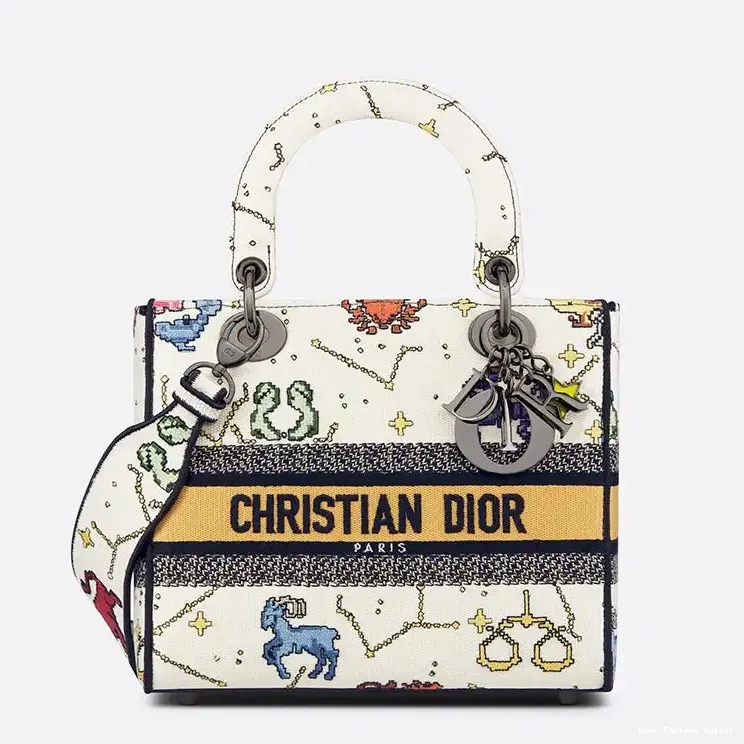 Dior Outlet Motif Zodiac D-lite Lady Medium Pixel Canvas Bag White 0219