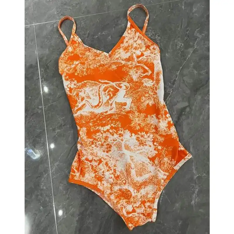 Cheap Dior Bag Dior Swimsuit Women Toile De Jouy Motif Lycra Orange 0205