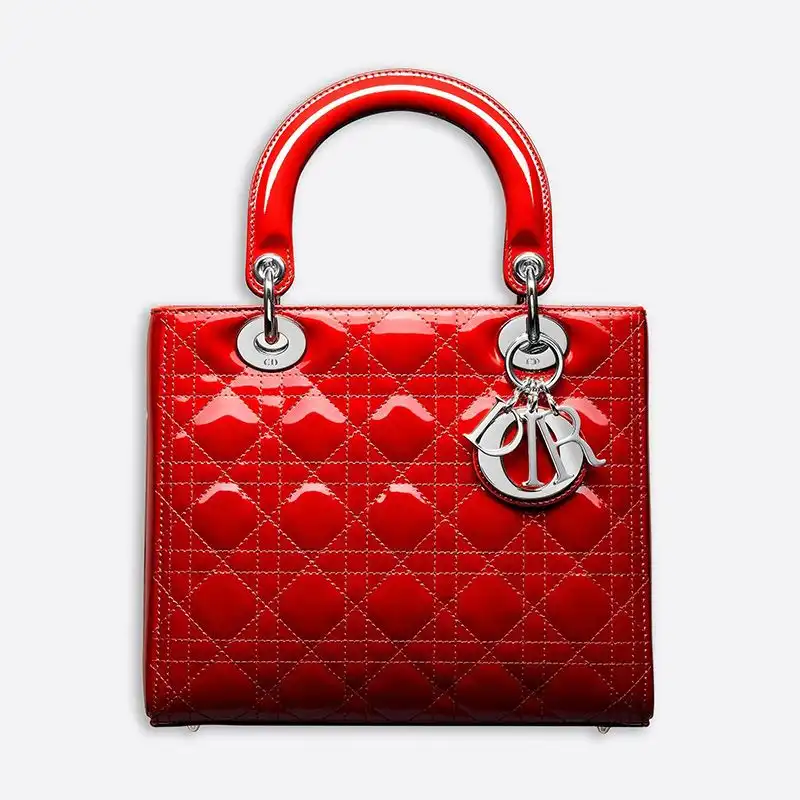 Dior Factory Outlet Medium Lady Dior Bag Patent Cannage Calfskin Red Silver 0203