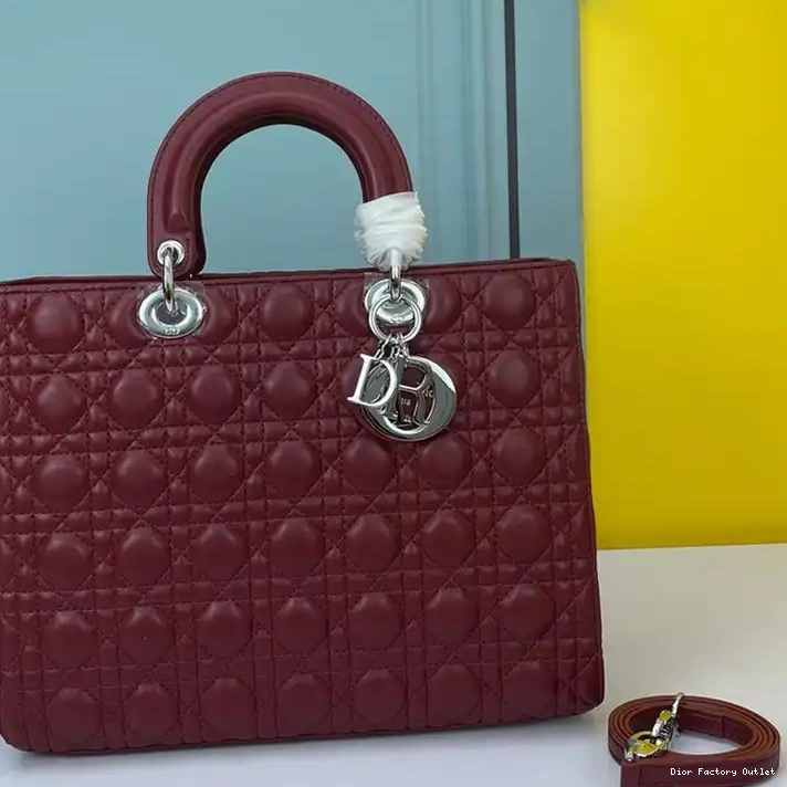 Cannage Lambskin Silver Lady Bag Dior Burgundy Large 0308