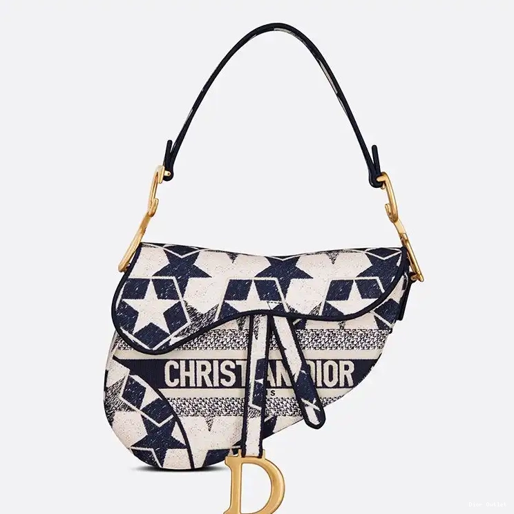 Christian Blue Bag Dior Saddle Canvas Etoile Motif White 0309