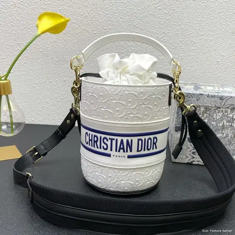 Dior Outlet Oblique Dior Bucket Black Vibe White Calfskin Embossed Small Bag 0313