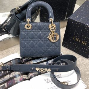 Dior D6604 Lady Four Grid Blue Lacquer Leather Bag